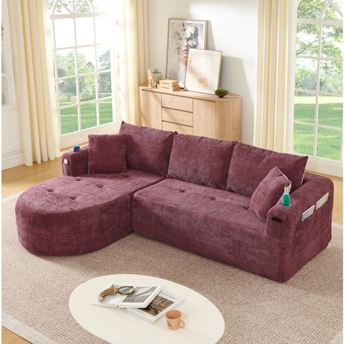 Canapé d’angle 3 places en L rouge bordeaux sans montage tissu aspect lin porte-gobelets inox 255x171x64 cm
