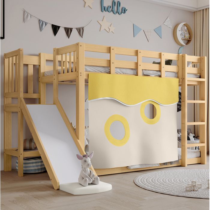 WOVREO Lit surélevé enfant 90 x 200 cm avec toboggan rideau barrières de sécurité pin et MDF naturel