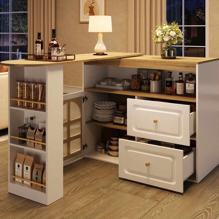 Buffet Haut Pivotant 360° avec Plateau Extensible 2 Tiroirs et Porte en Verre Trempé - BEAUNIV - Blanc MDF 138×39×104 cm