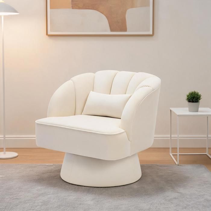 Fauteuil pivotant 360° – Velours – Dossier rayé – Coussin moelleux – Lounge mid-century – Salon chambre bureau - Beige