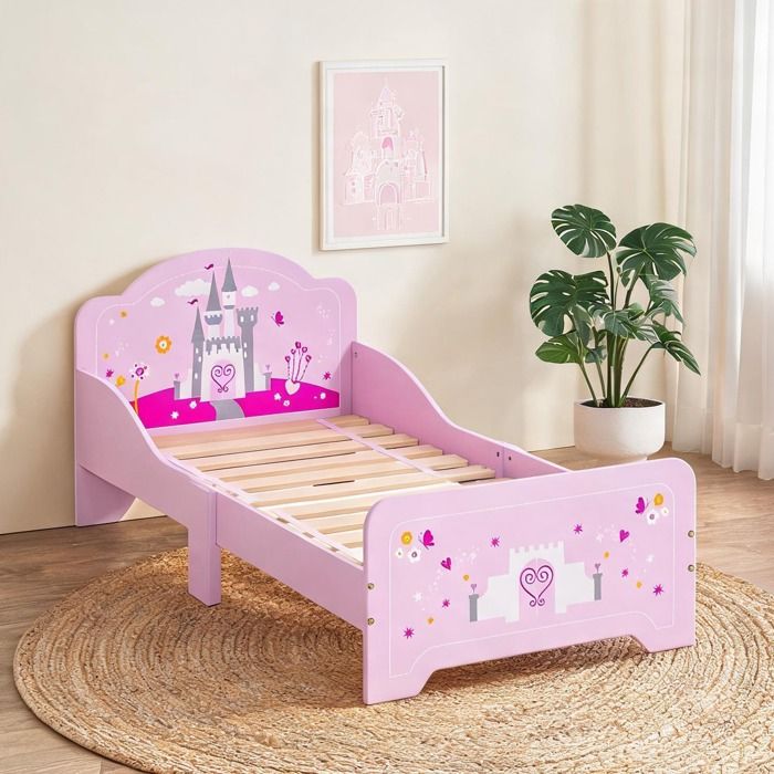 Lit enfant MDF contreplaqué rose motif château 140 x 70 cm avec sommier à lattes