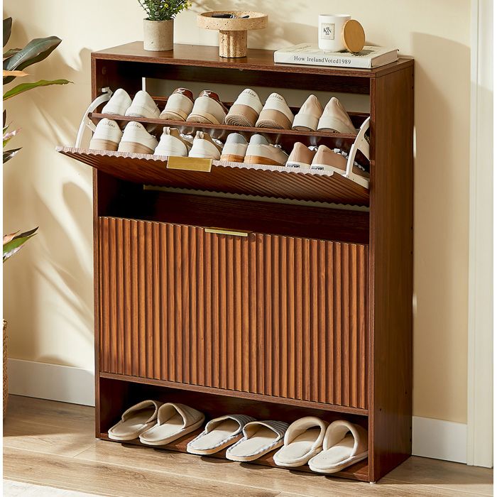 Meuble à chaussures étroit 80 x 24 x 102 cm à 2 abattants étagères réglables effet noyer anti-basculement JOINERY