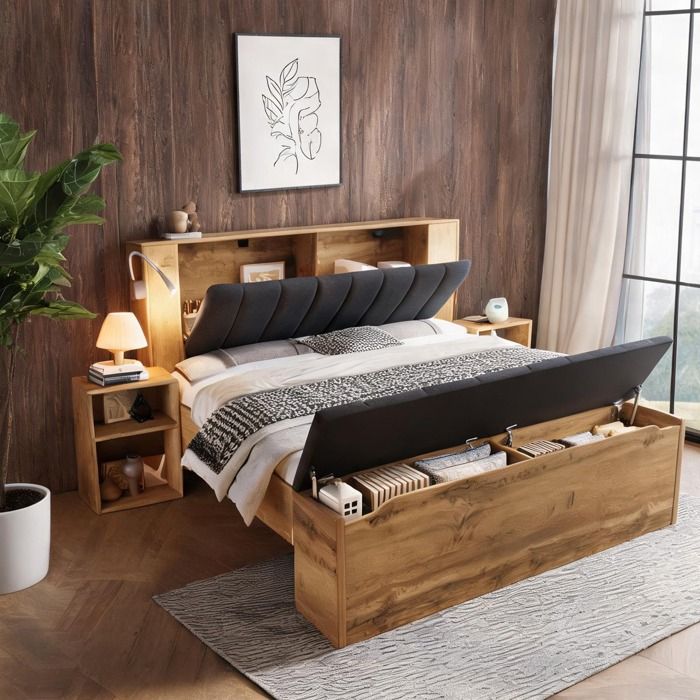 Lit double 180x200 cm avec sommier tête de lit relevable en lin rangement lampes USB et chevets