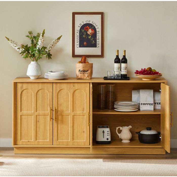 MEULVA Buffet bas 169 cm en MDF naturel meuble de rangement moderne avec étagères réglables et 2 portes
