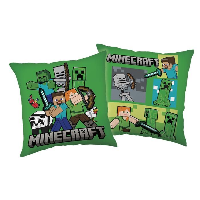 Coussin décoratif Minecraft Life 40x40 cm Steve Alex et Creeper vert doux et moelleux