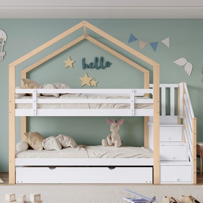 Lit superposé 90x200/190 blanc naturel sommier inclus escalier 3 tiroirs anti-chute Lit superposé 90x200/190 blanc naturel sommier inclus escalier 3 tiroirs anti-chute