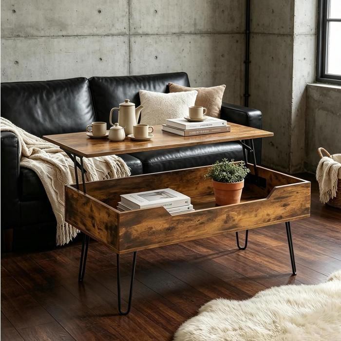 WOVREO Table basse relevable rectangulaire 95 x 50 cm avec rangement dissimulé MDF acier marron rustique