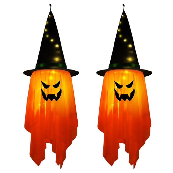 Lot de 2 décorations Halloween guirlande LED fantôme et chapeau sorcière tissu Oxford suspension extérieure jardin .