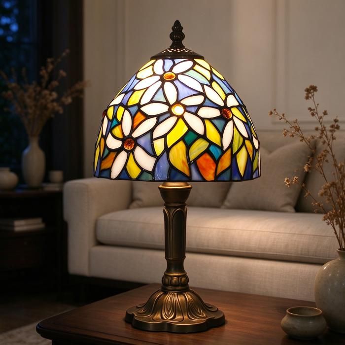 Lampe de Table Tiffany 20 cm - Abat-jour Vitrail Marguerite Fleur Style Rétro - Lampe de Chevet Baroque Fait Main - Douille E27