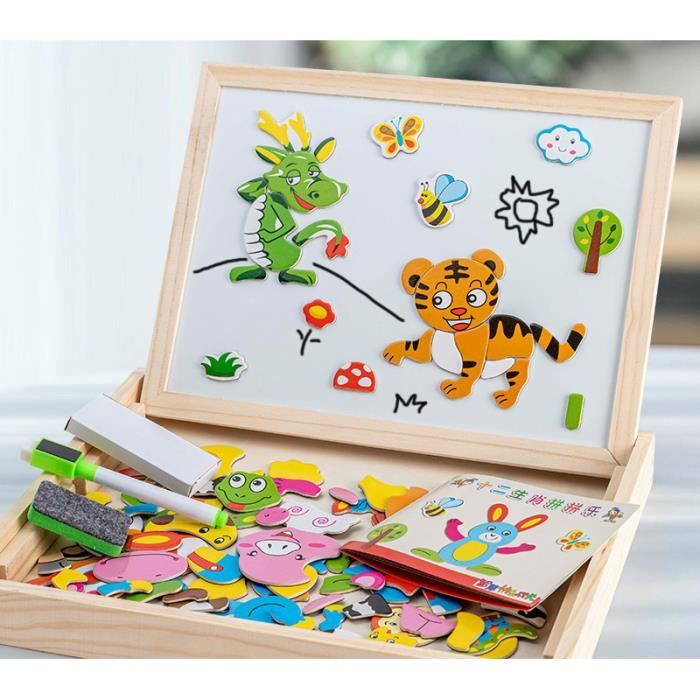 Puzzle Magnétique En Bois 110 Pièces – Animaux – Chevalet Double Face Noir/blanc – Dès 3 Ans – Livré Avec Craies Et Crayon