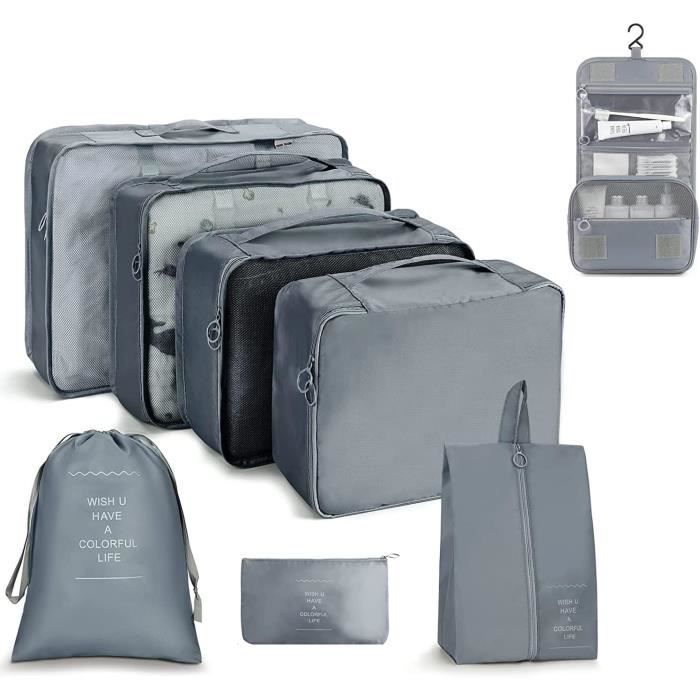 Lot De 8 Organisateurs De Valise (Packing Cubes) - Sacs De Compression Pour Voyage, Gris, Nylon