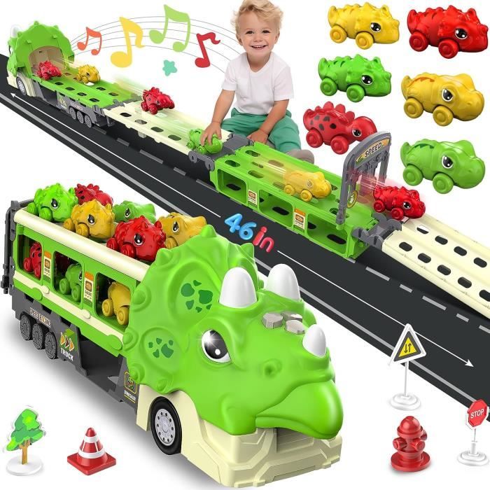 Dinosaure Jouet Camion de Transporteur Jouet avec Sons 6 Voitures de Dino et 12 Panneaux de Signalisation pour Enfants de 3 à 7 Ans