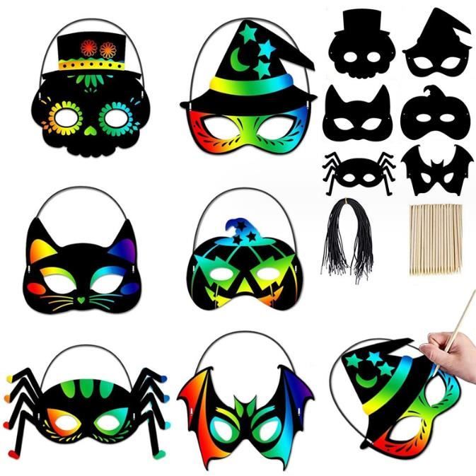 Kit Masques Halloween à Gratter Leesgel - 32 Pièces - Papier Cartonné, Stylets & Cordons - Activité DIY Enfants - 9