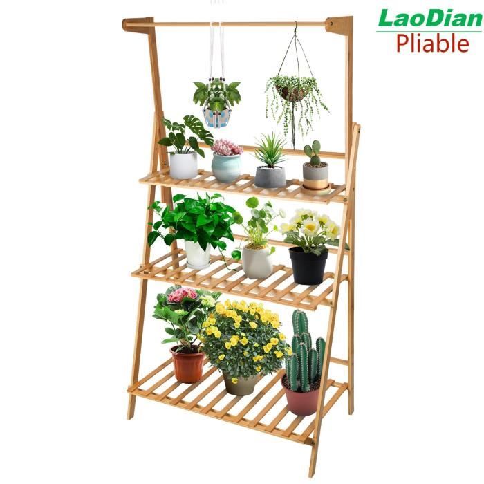 LaoDian 3 Niveaux SUPPORT POUR PLANTE pliante Etagère à Fleurs en Bambou Tige de suspension