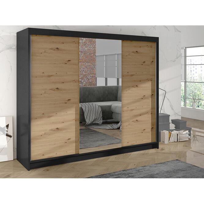 Armoire - Atlanta 159 - Noir - Portes Glissement - Miroir - 200x215x58cm