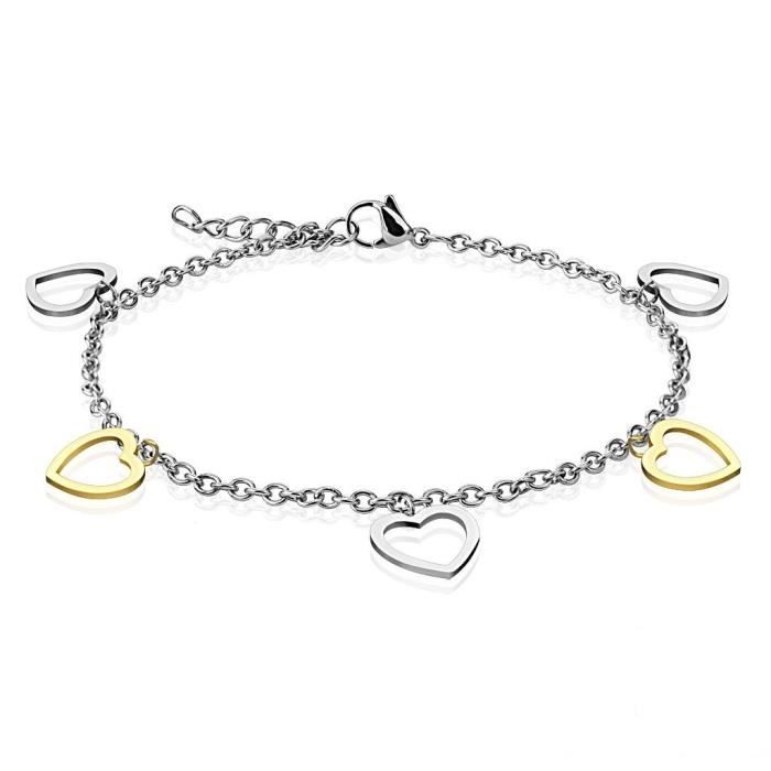Chaine de cheville - Femme - Acier inoxydable - Breloques coeurs - Argenté et doré - Élégante