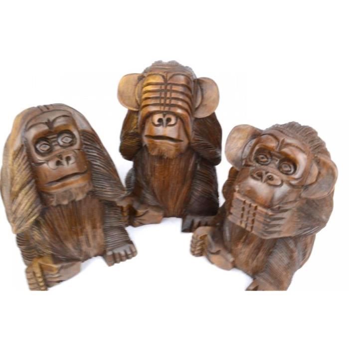 3 Singes noirs de la sagesse sculpté en bois de Suar 