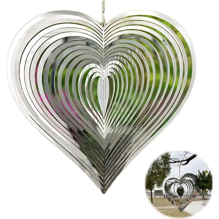 Moulin à Vent En Acier Inoxydable Forme Cœur 3D – Décoration De Jardin, Répulsif à Oiseaux, 15x15 Cm