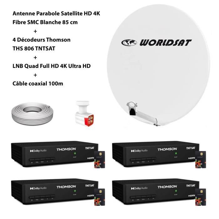 Kit Antenne Parabole Sat HD 4K Fibre SMC Blanche 85cm WORLDSAT + 4 Décodeurs Thomson THS806 HD TNTSAT + LNB Quad 4K HD + Câble 100m