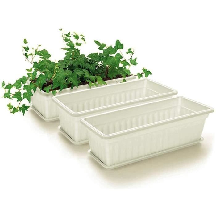 Pot de fleur rectangulaire en plastique - Lot de 3 - Avec trous de drainage et plateau - Noir