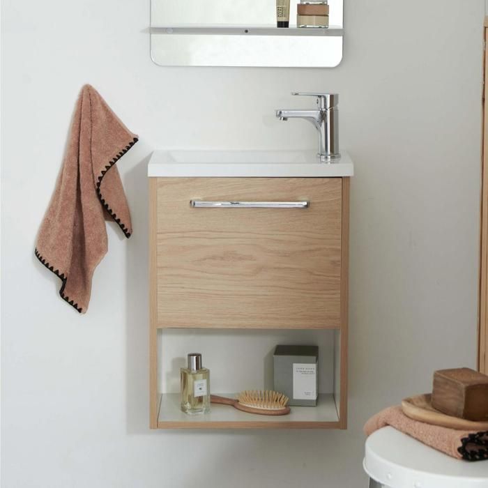 Meuble lave-mains décor chêne intérieur blanc vasque blanche NIKA Bois Clair