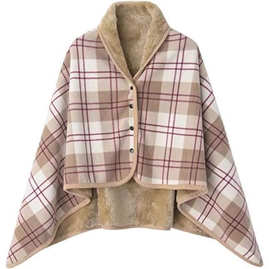 Femme Poncho Polaire Sweat Plaid Châle Polaire Cape Chaud dhiver avec Boutons Couverture à Carreaux Marron
