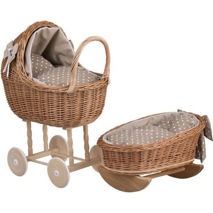 Landau-Poussette pour poupée en osier naturel,poignée et roues en bois avec  tissu beige et blanc - Cdiscount Jeux - Jouets