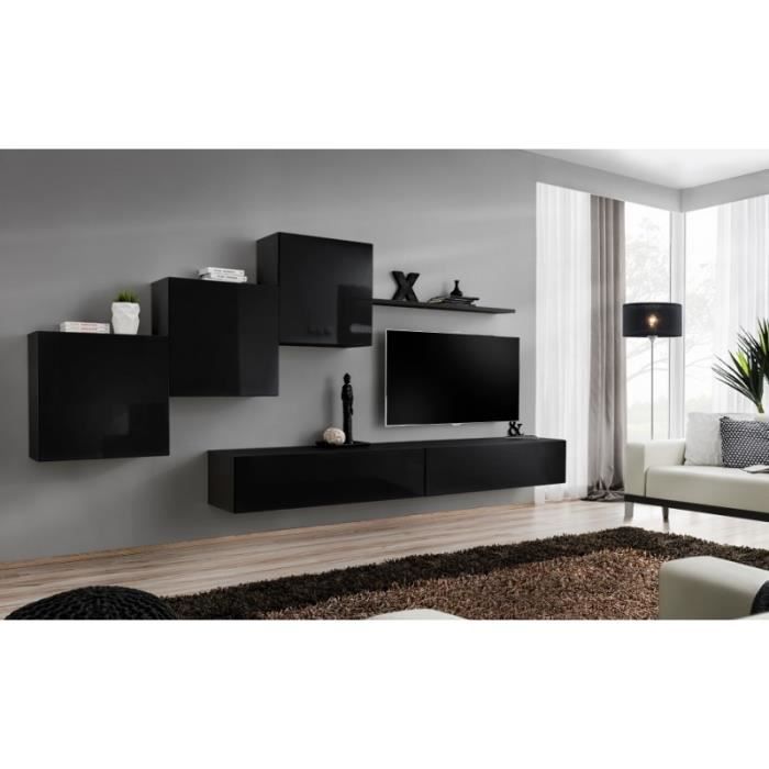 ensemble meuble tv mural - switch - switch x - noir - laqué - 160 cm - 2 tiroirs