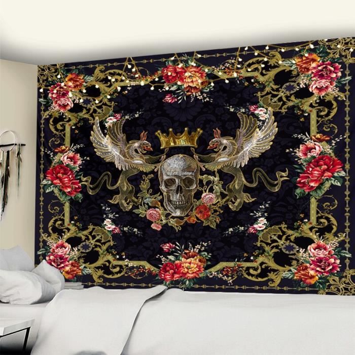 Tapisserie Murale Squelette Tarot Noir Et Blanc - Crânes Amoureux, Déco Salon Ou Chambre
