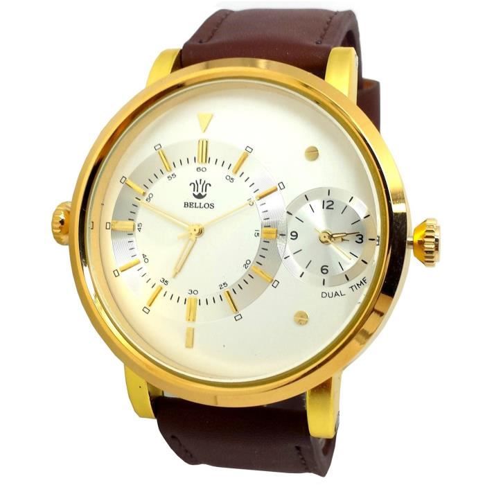 MONTRE HOMME CUIR MARRON DORE OR CLASSIQUE 2 FUSEAUX ÉLÉGANT IDÉE CADEAU MODE