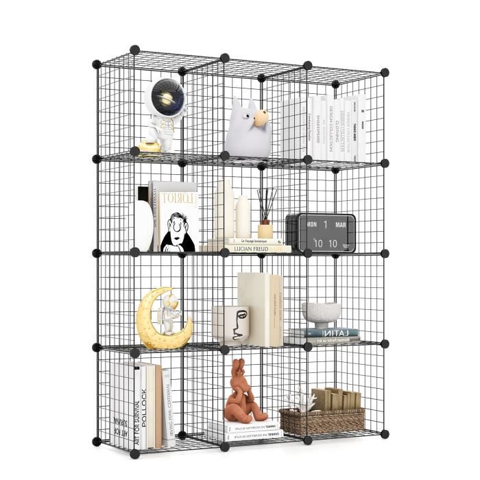 costway étagère cube en grille métalliques avec 12 compartiments, armoire de rangement conception diy modulaires empilables, noir