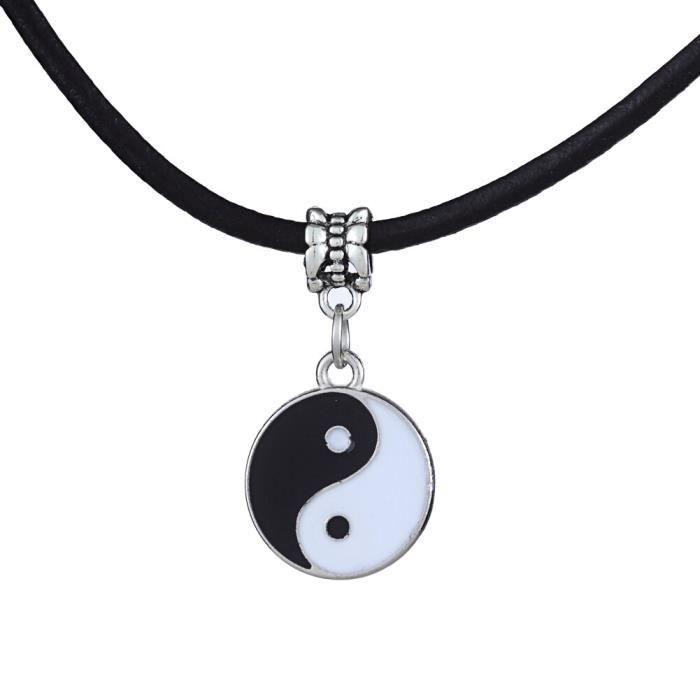 Yin Ying Yang Pendentif Noir Collier blanc Charm avec cordon en cuir noir  I