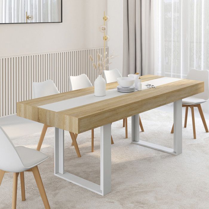 Table à Manger Extensible Phoenix 160-200 Cm - 4 à 8 Personnes Bois Blanc Industriel