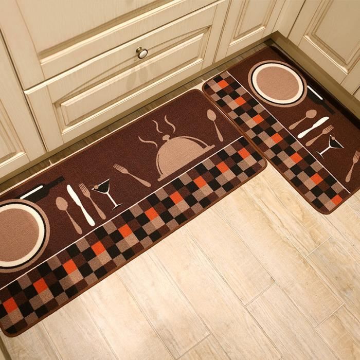 tapis de cuisine devant evier lot 2 tapis passage antiderapant cuisine 50 120cm 50 80cm imprime solide marron cdiscount maison