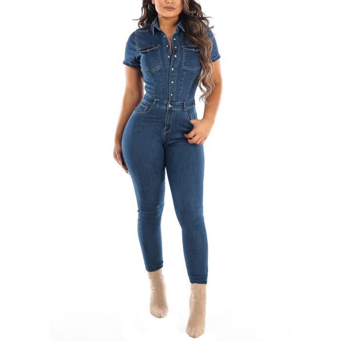 Combipantalon Femme Casual Slim Combinaison en Denim à Manches Courtes Vintage Jumpsuit Stretch Skinny Taille Haute Bleu
