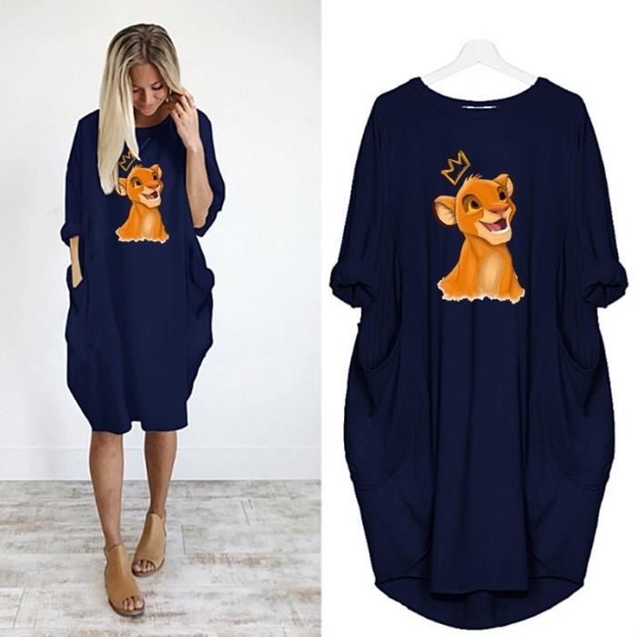 Robe Femmes Robe Vintage le roi Lion Hakuna Matata Simba imprimer Femme Robe de poche decontracte col rond Type D002M939 Blue Blanc Cdiscount Pret a Porter