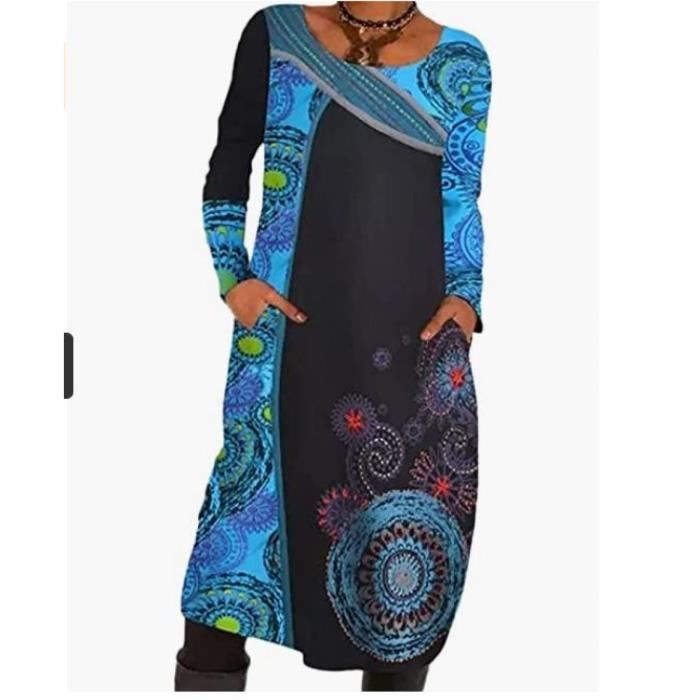 Robe Decontractee Femme A Manches Longues Robe Tunique Avec Poches Style Ethnique Imprime Lache Vintage Dress bleu S Bleu Cdiscount Pret a Porter