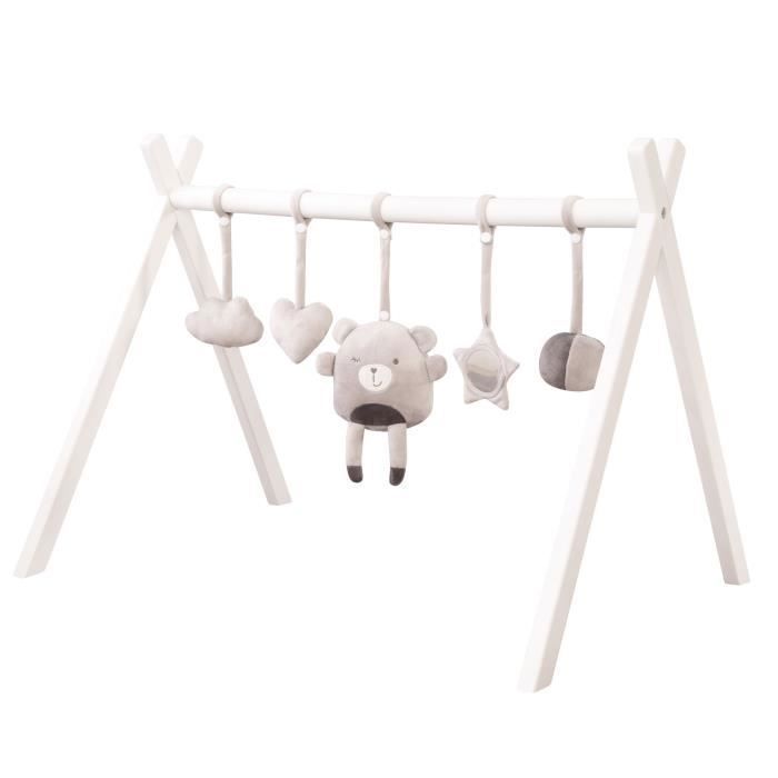 ROBA Portique dEveil pour Bébé + Set de Pendentifs roba Style - Arche de Jeu en Bois Massif Laqué - Gris Clair
