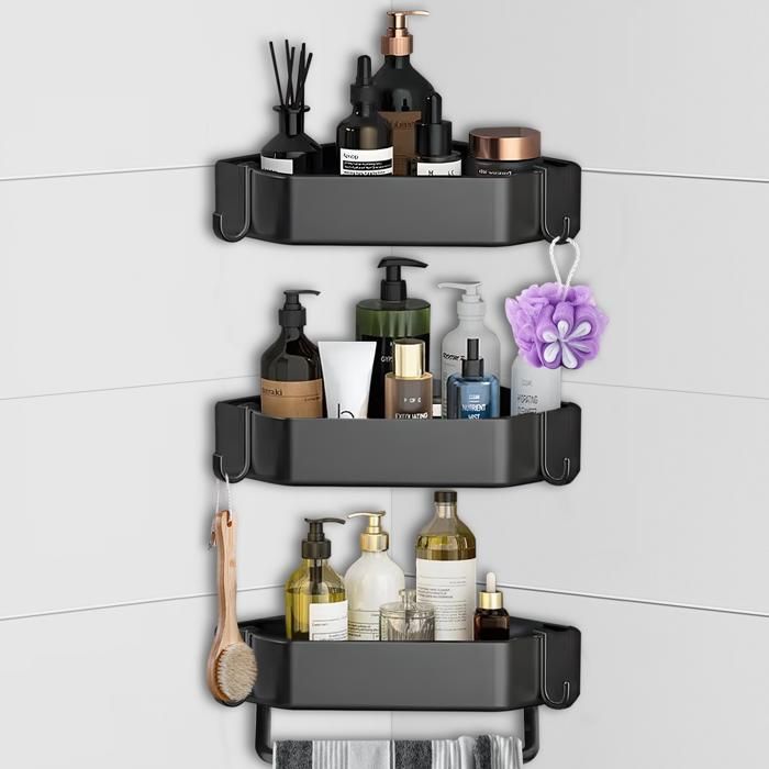 Étagère de Douche Aucun perçage requis Avec 6 crochets et 1 porte-serviettes Lot de 3 étagère murale de salle de bain