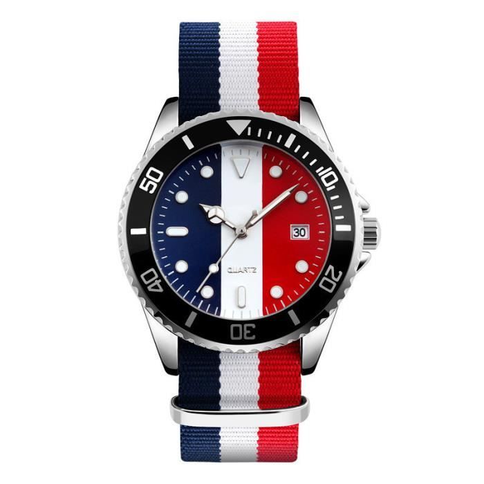 montre bracelet homme - analogique - bracelet en nylon bleu blanc rouge