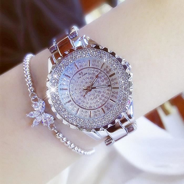 SHARPHY Montre Femme de marque Luxe Diamant Bracelet - Quartz - Analogique - Argenté