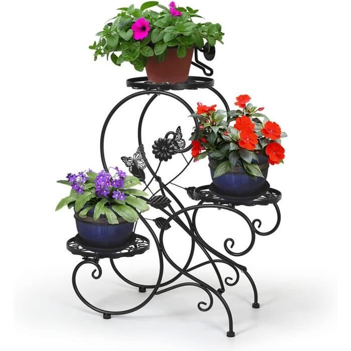 HLC-Noir Porte Pots Plante Fleurs 3 Etagere Support Jardin en Metal Fer 