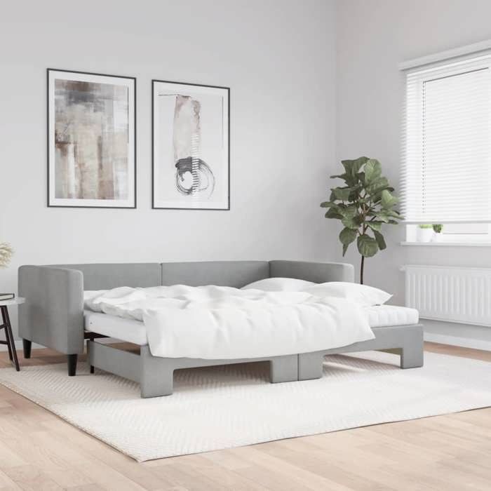 vidaXL Lit de jour avec gigogne et matelas gris clair 90x190 cm tissu 3196606