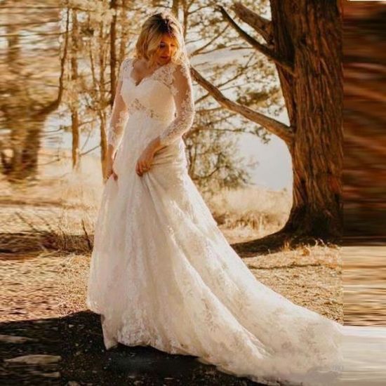 Robes de mariée sexy deux pièces trapèze à manches longues longueur cheville en dentelle