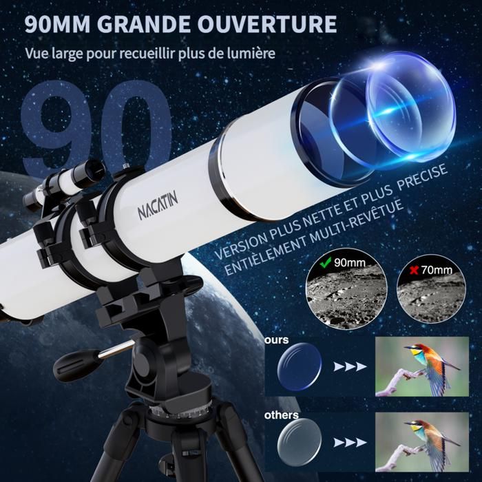Télescope Réfracteur 90 Mm Ouverture / 800 Mm Focale - Pour Débutants, Oculaires 10 Mm Et 25 Mm + Barlow 3x