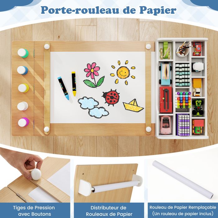 FANTASK Table Enfant Avec Chaise, Porte-Rouleau Papier & Plateau Pliable – Blanc, Idéal Dessin & Activités