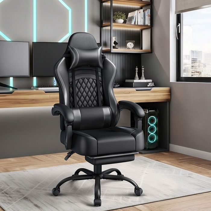 Yaheetech Fauteuil Gaming Inclinable avec Coussin Lombaire Massant