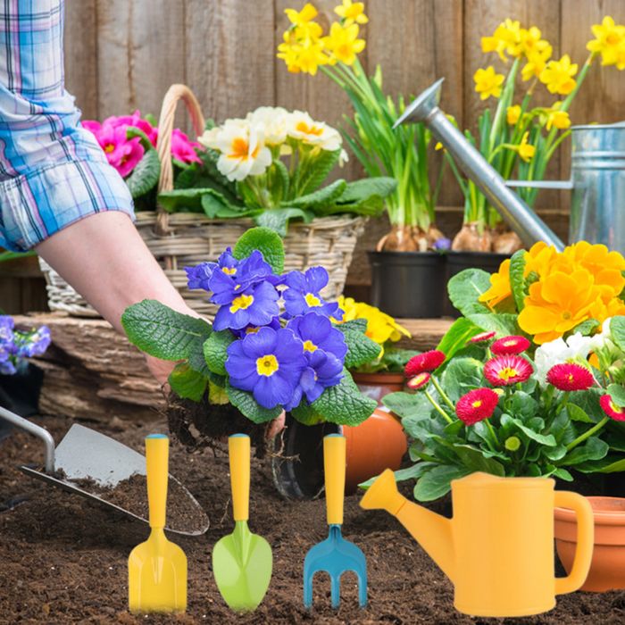 YORFULL Kit Jardinage Enfant 4 Pièces – Pelle, Râteau à Feuilles, Râteau, Houe – Bois De Pin – Longueur 68-71 Cm – Dès 3 Ans