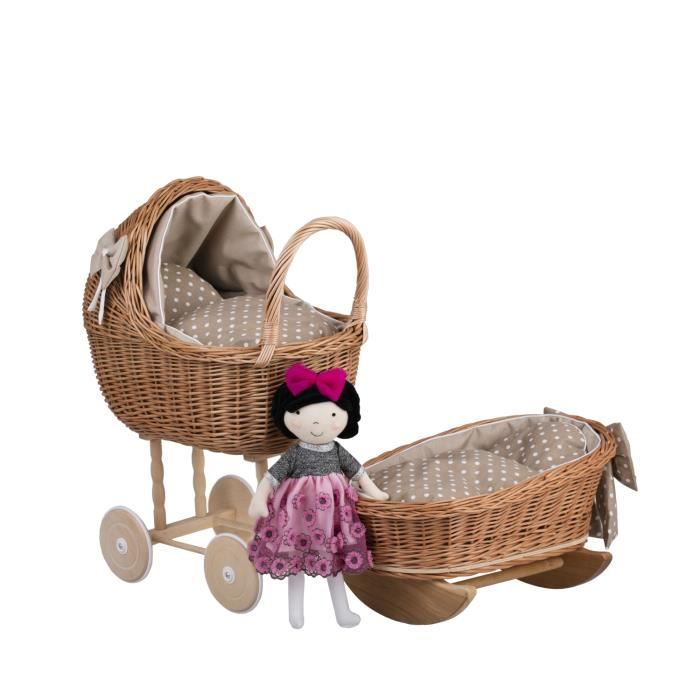 Ensemble Landau Poussette Berceau en Osier pour poup e Beige