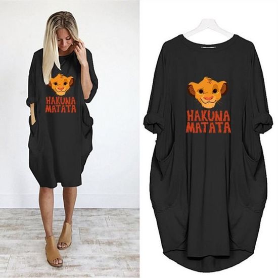 Robe Femmes Robe Vintage le roi Lion Hakuna Matata Simba imprimer Femme Robe de poche decontracte col rond Type D002M939 Blue Blanc Cdiscount Pret a Porter
